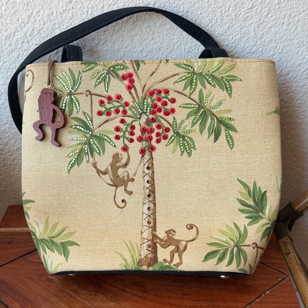 Liz Claiborne Beige Tropical Monkey Tote with Black Handles and Red Accents